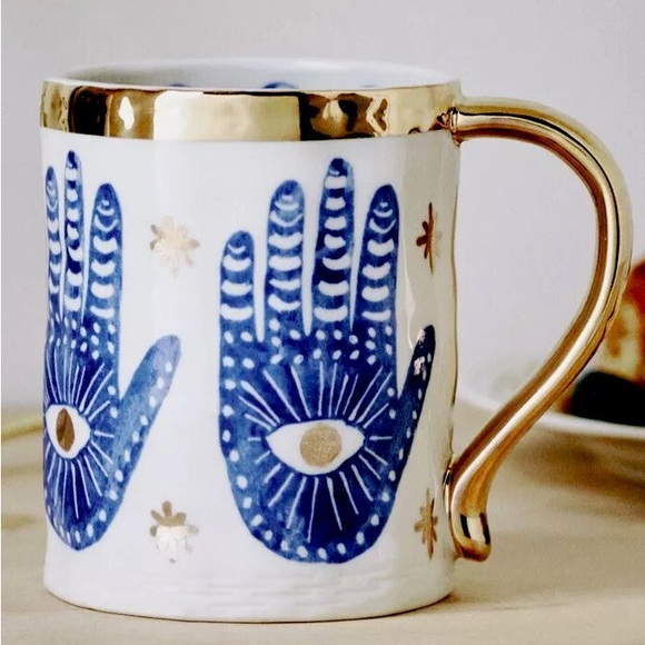 Anthropologie insight Mug Hamsa Coffee Tea evil eye gold hands stars protection - Picture 10 of 10